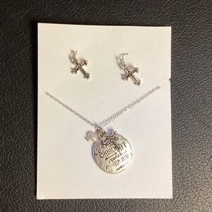 Silver Cross Pendant Necklace and Stud Earrings Set - Silver